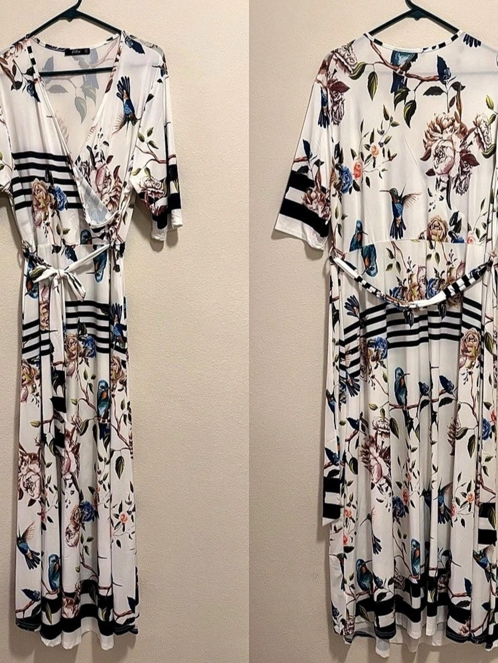 Lily by Firmiana Floral Hummingbird Maxi Dress in White & Black Size 2XL
